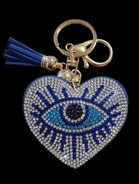 Blue Rhinestone Heart Evil Eye Bag Charm Keychain with Tassel